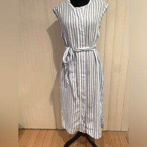 NWT J.CREW Tie-Waist 100% Linen Midi Shirt Dress in Stripe Size Medium